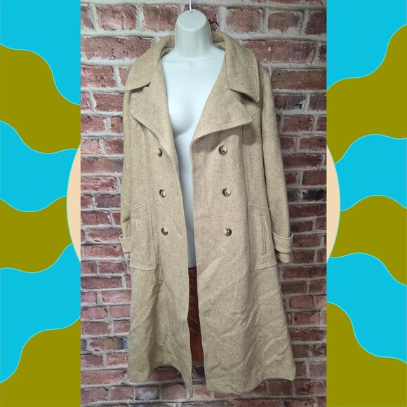 Montgomery Ward Overcoat 46R | Vintage Double Breasted Classic Khaki - Picture 2 of 9